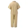 Damen Zweiteilige Hosen Khaki Baumwolle Set Outfits Frauen Sommer 3/4 Ärmel Langer Hosenanzug Einfarbig Lose V-Ausschnitt Kragen Büro-Sets