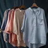 Женские блузки женские вершины 2023 Мода V-образный вырезок с длинным рукавом с твердым цветом хлопок и льня