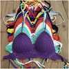 Stroje kąpielowe damskie 10 kolorów ręcznie szydełkowane bikini Top Push Up festiwal krótki strój kąpielowy z frędzlami odzież plażowa Drop Delivery odzież damska Dh3Oz