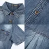 メンズカジュアルシャツ 2023 ブルーデニム半袖シャツ男性夏薄いラペルマルチポケットスリムフィットストリートファッショントップス