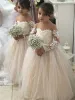 Jolie princesse blanc ivoire dentelle tulle robes de demoiselle d'honneur pure cou manches longues appliques longue fille robe de soirée formelle anniversaire communion porter