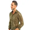 Camisa social masculina smoking brilhante lantejoulas transparente malha manga longa clubwear para festa noturna show de dança performance top camisa 230707