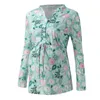 Women's Blouses Pregnant Tops Clothing Large Size Loose Notch V Neck Long Sleeve T Shirt Vintage Floral Printing Oversize Belt Shirts