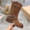 Bottes Femmes Bottes Hautes Miu Designer Chaussures Y2k Style Botte De Motard En Daim Noir Bout Rond Talon Chunky Vintage Martin Bootss Boucle De Ceinture Garniture