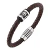 Charm Bracelets Vintage Jewelry Men Charms Skull Brown Braided Leather Bracelet Stainless Steel Magnetic Clasps Male Wrist Band SP0196