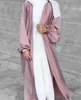 Costumes Eid Satin Ouvert Abaya Dubaï Turquie Manches À Bulles Abayas pour Femmes Musulmanes Mode Hijab Robe Islam Caftan Kimono Femme Musulmane