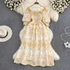 Summer French Vintage Square Neck Bubble Short Sleeve Hollow out Embroidery A-line Dress Sweet Sen First Love Long Dress