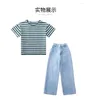 Clothing Sets 2PCS Children 2023 Summer Teens Girls Clothes Outfits Kids Striped Loose T-shirt Demin Pants Jeans 6 8 10 12 14 Year
