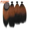 Synthetic Wigs 18-22 Inch Yaki Straight Hair Bundles 6 Lace with Closure Weave Ombre Brown Golden Fake 230227