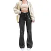 Womens Jeans Women Denim Flared Pants Casual Solid Color Stretchy High Waist Bell Bottom Streetwear Baggy for Trousers Y2K 230707