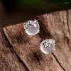 Boucles d'oreilles à tige Design créatif argent incrusté naturel Hetian calcédoine fleur ronde pour les femmes bijoux de fiançailles délicats et élégants