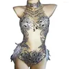 Stage Wear Sparkling Rhinestones Pattern Printing Mesh Gauze Bodysuit Gloves Women Feathers Perspective Dance Nightclub Costumes