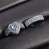 Cluster Ringen Super Knipperende Hartvormige Vol Diamanten Set Ring Met 925 Stempel Verguld Wit Goud Verloving Vrouwelijk Valentijnsdag Cadeau