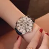 腕時計 自動巻き 機械式時計 個性 中空アウト シースルー 本革 大きな文字盤 ダイヤモンド