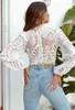 Blusas de mujer Sexy blusa de encaje de manga larga mujer Casual blanco Crochet ahueca hacia fuera la camisa recortada cuello alto Blusas femeninas Tops 2023 P1008