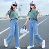 Clothing Sets 2PCS Children 2023 Summer Teens Girls Clothes Outfits Kids Striped Loose T-shirt Demin Pants Jeans 6 8 10 12 14 Year