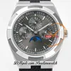 8F Overseas Perpetual Calendar Moonphase 4300V A1120 Automatisk Herrklocka Grå Stick Urtavla Rostfritt stål Armband Reloj Hombre Super Version Edition Puretime J10