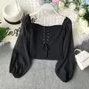 Women's Blouses French Chic Blouse Women Off-shoulder Bandage Lace-up Sweet Girls Blusas De Mujer Puff Sleeve Female Corset Top Drop