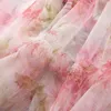 2023 été rose imprimé fleuri lambrissé tulle stringy lisière dos nu robe à manches longues col en v longue maxi robes décontractées S3Q060705