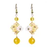 Dangle Boucles D'oreilles Jaune Jade Fleur Pierre Designer Naturel Mode Femmes Réel 925 Argent Charme Cadeaux Bijoux Chinois Amulette Pierres Précieuses