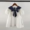 Girl Dresses Summer Short Sleeved Girls' Lapel Bow Tie Bubble Sleeve Skirt Cute Design Spring Clothing Little Girls Dress 0-6 Years