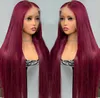 99j Straight Lace Front Wig Burgundy Remy Human Hair Wig For Women 13x4 Transparent HD Lace Frontal Wig 150% Density Red Wigs