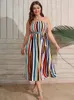 Plus Size Dresses Finjani Colorful Striped Shirred Tube Dress Women's Bohemian Summer Sexy Backless Long Skirt Sashes