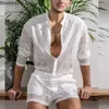 Agasalhos Masculinos Conjuntos de Ternos de Duas Peças de Verão Conjuntos de Rendas Transparentes Praia Padrão Simples Estampado Tops e Shorts de Manga Longa Conjunto Masculino 230707