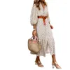 Casual Dresses Summer Women Elegant Print Bohemian Dress Fashion Long Puff Sleeve V Neck Vacation Outfits Y2k Clothes