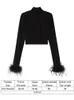 T-shirt Taovk Women's Basic Black Tshirts Ladies Turtleneck Crop Tops Fit Skinny Tops Long Sleeve Ostrich Feather Streetwear Outfits