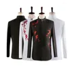 Men's Suits Plum Blossom Embroidery Blazer Men Chinese Tunic Suit Set Pants White Stand Collar Choir Stage Host Costume Black