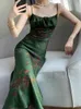 Abiti casual Donna Abito lungo con stampa floreale verde Estate Vita alta Increspato Chic Abiti con lacci Abito senza schienale Vintage Elegante