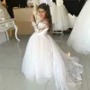 Jolie princesse blanc ivoire dentelle tulle robes de demoiselle d'honneur pure cou manches longues appliques longue fille robe de soirée formelle anniversaire communion porter