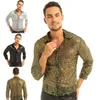 Camisa social masculina smoking brilhante lantejoulas transparente malha manga longa clubwear para festa noturna show de dança performance top camisa 230707