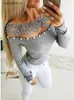 T-shirts Femme Sexy T-shirt Dentelle Printemps Été Perle Slah Cou Gris Top Femme Mince À Manches Longues Mince T-shirt Pull Grande Taille T-shirt