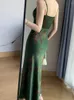 Abiti casual Donna Abito lungo con stampa floreale verde Estate Vita alta Increspato Chic Abiti con lacci Abito senza schienale Vintage Elegante