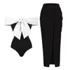 Dames Badmode Zwart-wit Colorblocked One-shoulder Bikini Slim Fit Open-back Bow Design Badpak Dames Elegante bandjes Cover up 230707