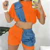 Vrouwen Trainingspakken 2023 Zomer Toevallige Vrouwen Denim Shorts Pak Colorblock Patchwork Korte Mouwen O-hals Crop Top En Trekkoord Set outfit