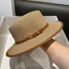 Fashion Belt Decorative British Flat-top Straw Hat Women's Summer Outdoor Beach Sun Protection Wide Brim Hats Female
