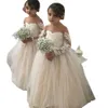 Jolie princesse blanc ivoire dentelle tulle robes de demoiselle d'honneur pure cou manches longues appliques longue fille robe de soirée formelle anniversaire communion porter