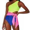 Maillot de bain femme maillot de bain une pièce femme une pièce multicolore patchwork ceinture papillon boucle simple épaule bikini géométrique M