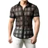 Мужские повседневные рубашки сексуально стиль сетчатая кружевная рубашка топы с коротким рукавом поворотный воротник-блузенный блузенный блуз