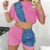 Träningsoveraller för kvinnor 2023 Summer Casual Dam Jeansshorts Kostym Colorblock Patchwork Kortärmad O-ringad Crop Top och dragsko Outfit