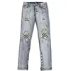 Men's Jeans Man Cowboy Pants Light Blue Trousers Torn Retro With Holes Hip Hop Ripped Broken Grunge Y2k Baggy Straight Loose Xs