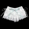 Shorts Feminino Rendas Multicamadas Fitas Curtas Flor Babados Cintura Elástica Bolo Bonito Lolita para Meninas Doces Roupas Kawaii 230707