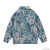 Men's Jackets Jeans Jacket Hip Hop Jacquard Weave Retro Oil Painting Flowers Printing Denim Leisure Outwear Couples