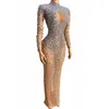 스테이지웨어 실버 크리스탈 스톤즈 저녁 생일 축하 메쉬 스트레치 댄스 긴 슬리브 드레스 섹시 투명한 투명