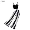 Women's Two Piece Pants FTLZZ 2023 Women Suit 2 Set Short High Waist Black And White Striped Wide Leg Sexy Party Club