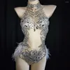 Stage Wear Sparkling Rhinestones Pattern Printing Mesh Gauze Bodysuit Gloves Women Feathers Perspective Dance Nightclub Costumes