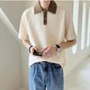 T-shirts voor heren Zomerknoop Ademend Korte mouw Wafel Elasticiteit Turn-down Los T-shirt Patchwork Koreaans Zakelijk POLO Oversized overhemd